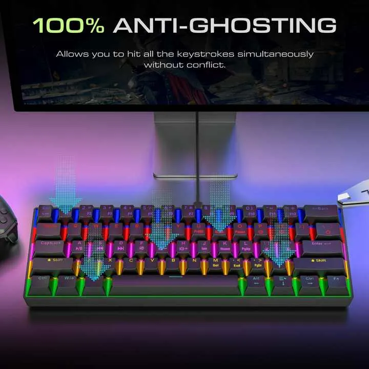 لوحة مفاتيح محمولة للألعاب الميكانيكية بإضاءة . 61 Keys Backlit Mechanical Gaming Keyboard Portable