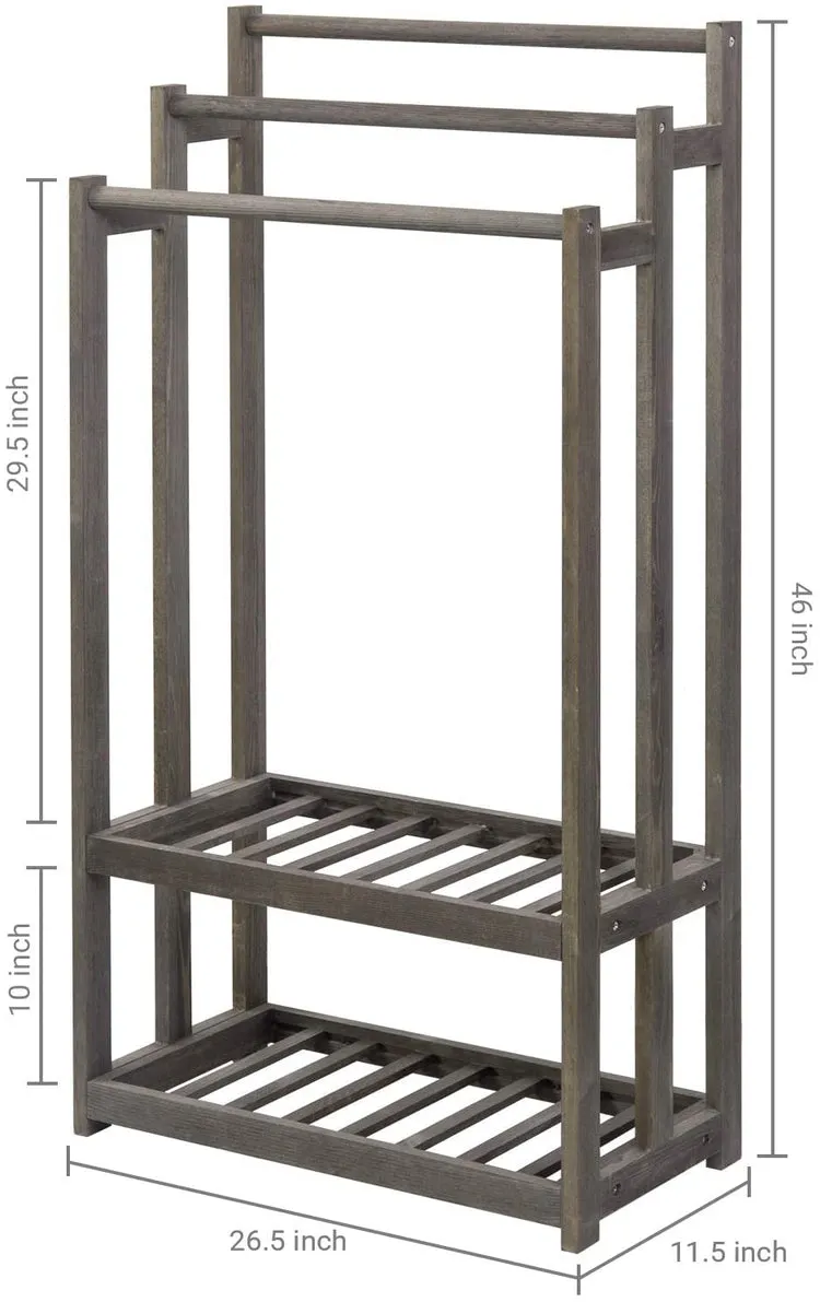 3-Tier Gray Wood Towel Rack with 2 Bottom Storage Shelves