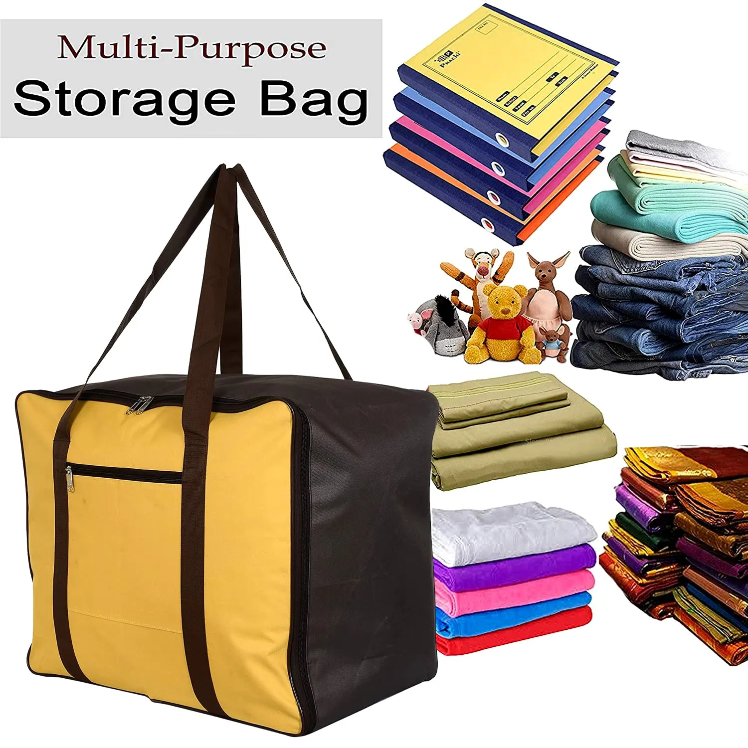 Heart Home Lightweight Foldable Multipurpose Storage bag, Cloth Organiser, Travel Bag With Zippered Closure And Handle (Yellow & Brown)-HS43HEARTH26652