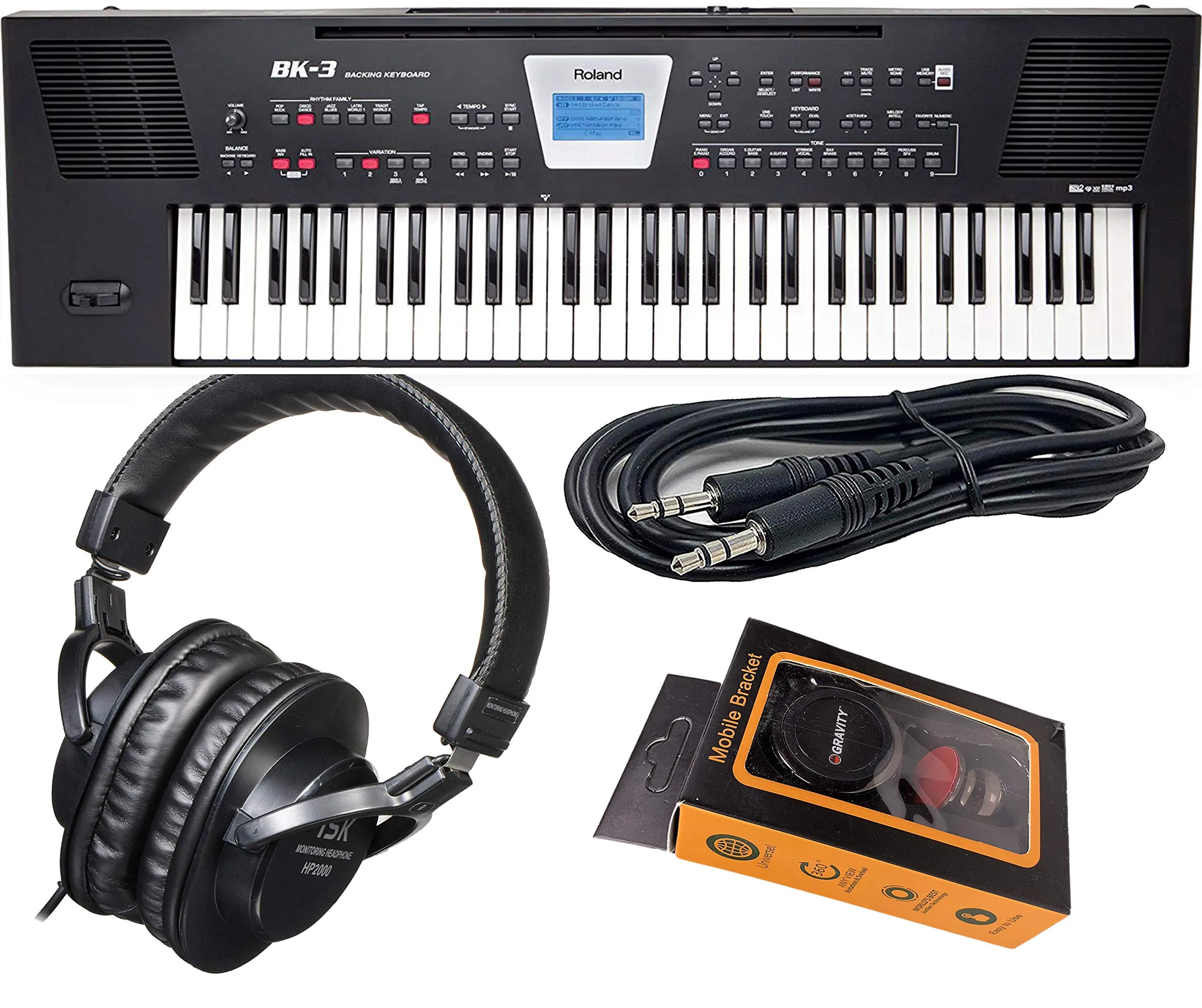 Roland 61-Key Portable Keyboard (BK-3-BK)   HP2000 Studio Headphone with Aux Cable and Magnet Phone Holder, BK3 EAUX M